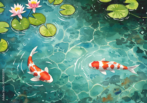 Watercolor Koi Fish Pond Illustration Serene Asian Garden with Water Lilies, Floating Leaves, and Clear Water.