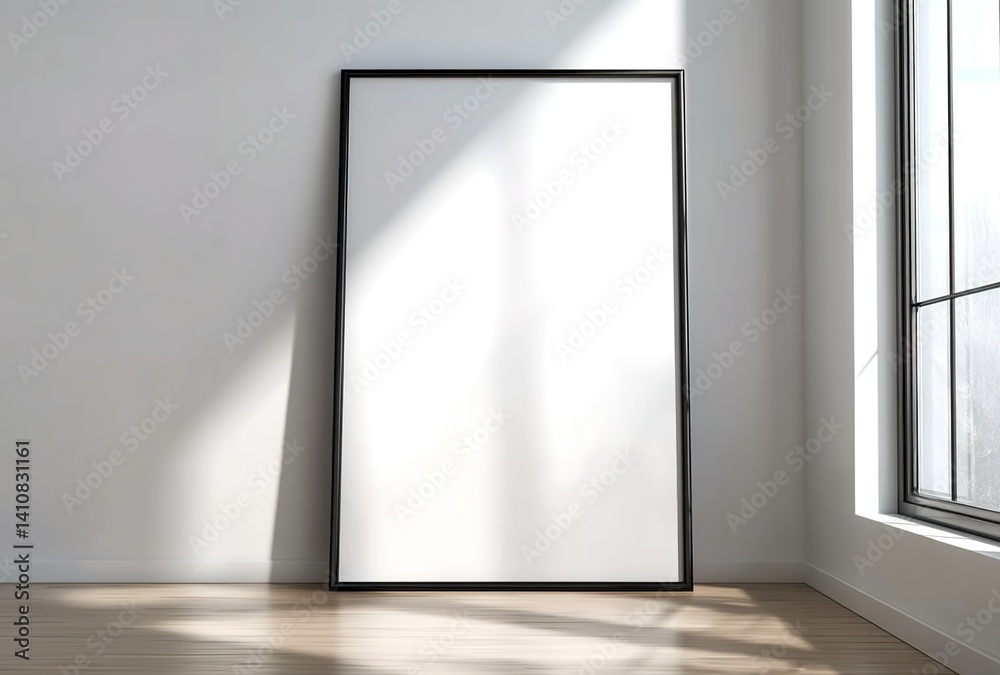 A blank black-framed canvas leans against a sunlit wall with wooden flooring. Used in interior design magazines, art studio visuals, or mindfulness content. A blank black-framed canvas leans against a sunlit wall with wooden flooring. Used in interior design magazines, art studio visuals, or mindfulness content.