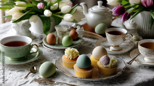 Wallpaper Mural Refined Easter tea setting with pastel cupcakes, tulips, painted eggs, and fine china on a lace-covered table. Ideal for lifestyle, home, and editorial uses. Torontodigital.ca