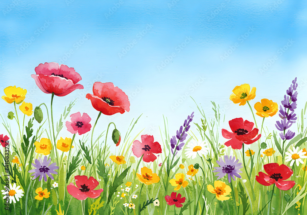 Naklejka premium Watercolor Field of Flowers and Grass Against Blue Sky - Floral Meadow Illustration.