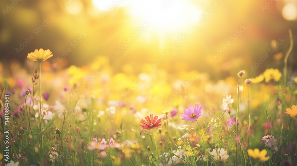 Obraz premium A Vibrant Flower Meadow in Full Bloom Bathed in Soft Golden Sunlight Evoking Serenity and Renewal (3)