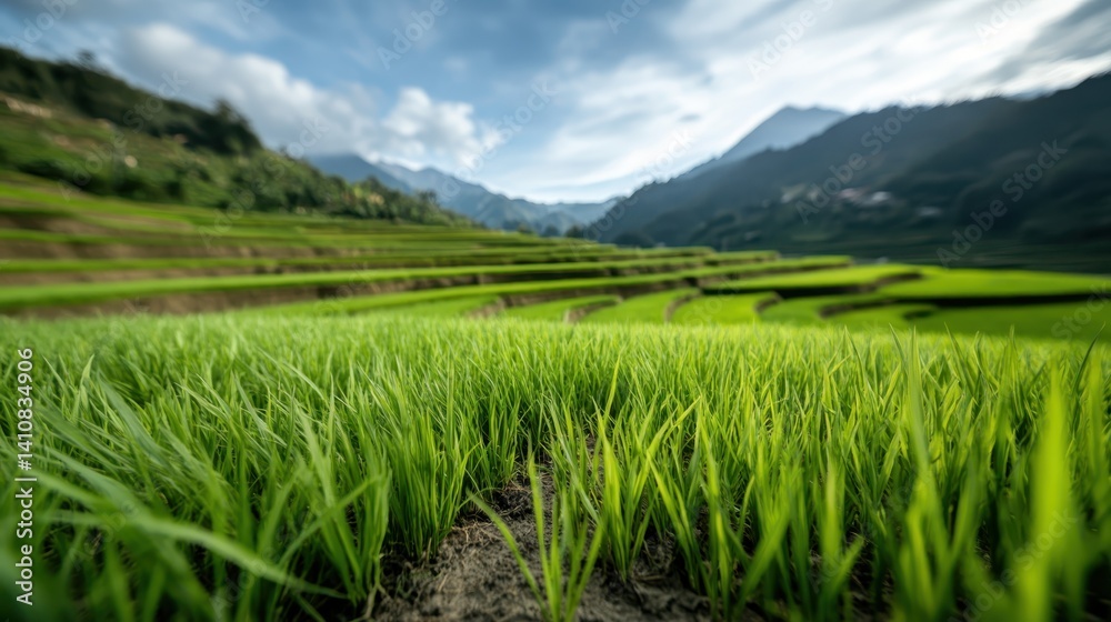 Fototapeta premium A close-up view of lush green rice plants swaying gently in the breeze emphasizes the vitality and resilience of nature within the agricultural landscape.