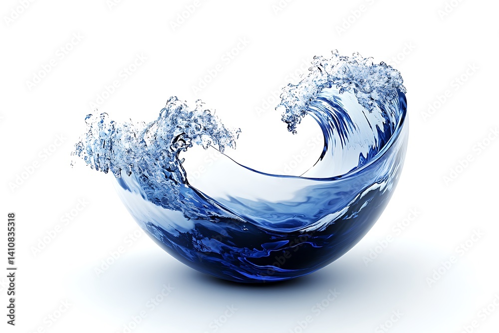 A blue-and-white glass bowl with a wave design, isolated on a white background for a modern home decor piece.