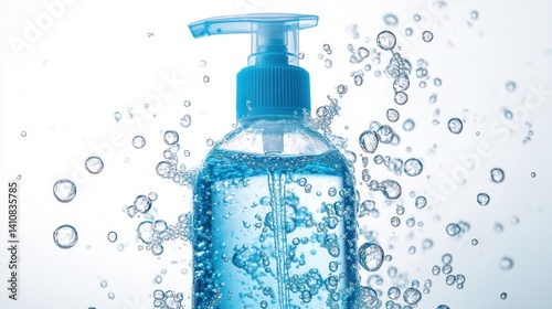 Obraz na płótnie A blue pump bottle filled with liquid, surrounded by bubbles, isolated on a white background, symbolizing freshness and cleanliness w salonie