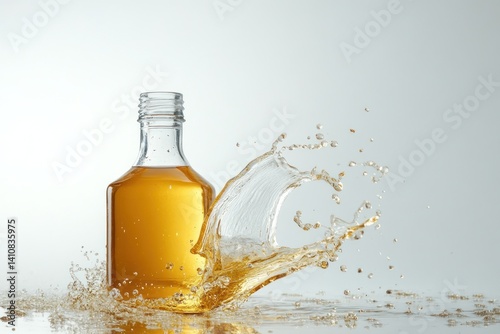 A bottle of apple cider vinegar, accompanied by a refreshing splash of apple juice, isolated on a white background, ideal for health and wellness themes