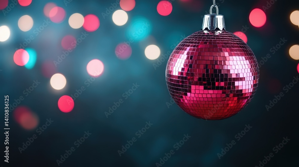 Obraz premium A stunning red disco ball hangs against a vibrant backdrop with soft bokeh lights, creating a festive atmosphere perfect for dance parties and celebrations.