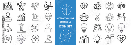Motivation line editable icon set. Containing personal growth, goal setting, perseverance, achievement, teamwork, passion, thumbs up, and more. Vector illustration
