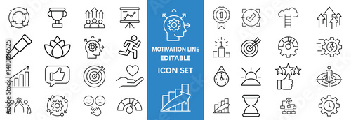 Motivation line editable icon set. Containing personal growth, goal setting, perseverance, achievement, teamwork, passion, thumbs up, and more. Vector illustration