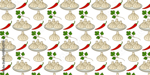 Khinkali seamless pattern isolated. Traditional Georgian dumplings with chili pepper and cilantro in food pattern isolated. Cartoon style design isolated.
