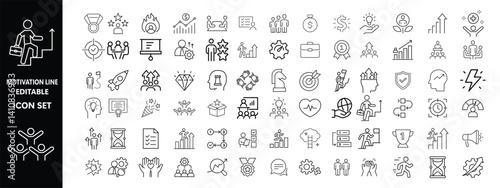Motivation line editable icon set. Containing personal growth, goal setting, perseverance, achievement, teamwork, passion, thumbs up, and more. Vector illustration