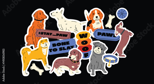 Cute dogs in groovy 90s style. Doodle cartoon puppies in retro aesthetic. Funny dog characters for stickers, vet and zoo design. Retro cartoon dogs in Y2K style. Kawaii puppies in doodle style for kid