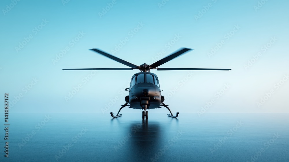 Fototapeta premium This sleek military helicopter features bold design elements, showcasing its readiness for action against a contemporary, glowing backdrop.