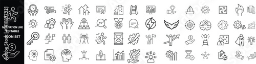 Motivation line editable icon set. Containing personal growth, goal setting, perseverance, achievement, teamwork, passion, thumbs up, and more. Vector illustration