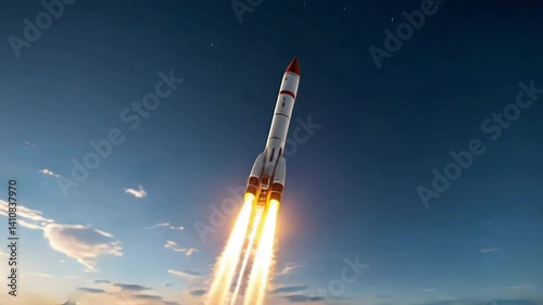 A rocket during liftoff captures its dynamic rise against the backdrop of a rapidly diminishing landscape below and a bright flame against the sky
