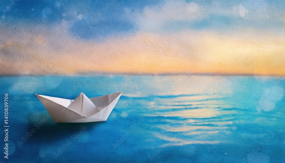 Obraz premium Paper boat floating on tranquil sea at sunrise with dreamy watercolor effect