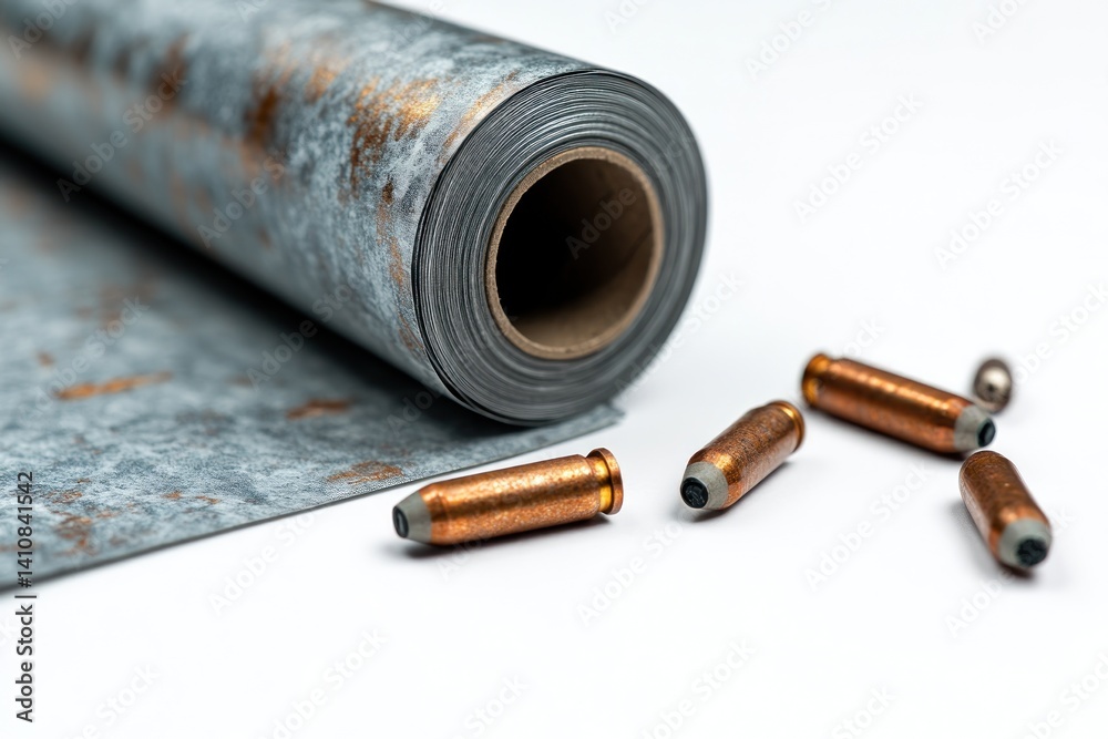 Obraz premium A close-up shot of a metal roll of paper, with a battery and bullet-like objects, isolated on a pure white background for artistic contrast