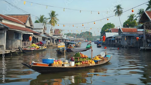 A vibrant floating market scene with boats full of fresh fruits and traditional houses along the waterway.