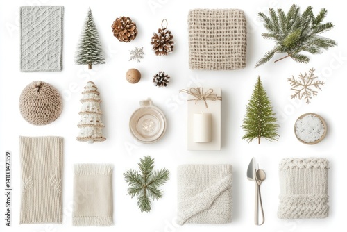 A collection of Christmas-inspired home decor items, isolated on a white background for an elegant mood board.