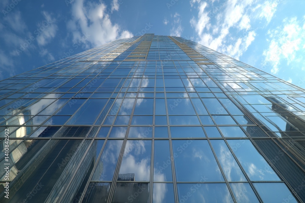 Fototapeta premium A modern glass skyscraper reflecting the sky with fluffy clouds, viewed from below, showcasing contemporary architecture and urban development in a clear, bright day.