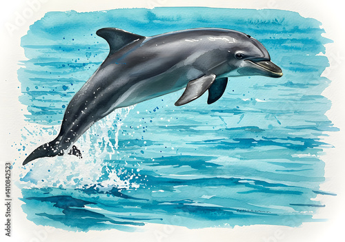 Watercolor painting of a leaping dolphin in the ocean, wildlife art, aquatic animal illustration. photo