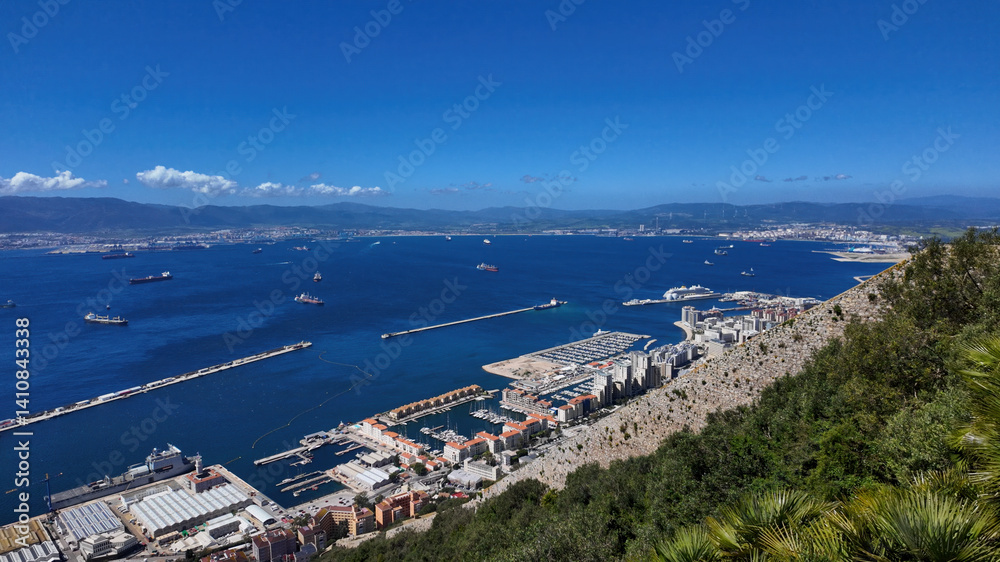 Obraz premium Gibraltar harbor and Algeciras Bay embracing cargo ships under blue sky
