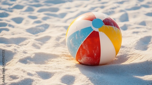 A colorful beach ball resting on a soft white sand background, isolated to evoke a carefree, sunny day.