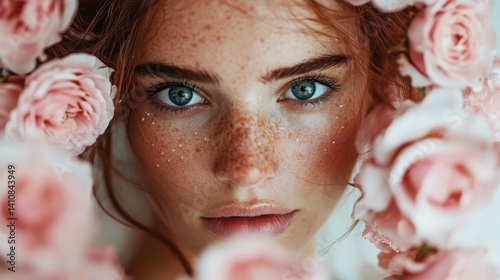 A mesmerizing close-up of a youthful redhead with freckles, beautifully framed by roses, expressing a sense of beauty and playfulness in a soft light setting. photo