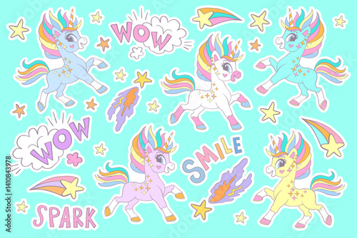 Collection of cartoon funny unicorns and magic elements isolated on a background. Vector illustration. For sticker pack, print, posters, design, decoration, linen, dishes, t-shirt and kids apparel