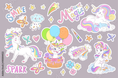 Collection of cartoon funny unicorns and magic elements isolated on a background. Vector illustration. For sticker pack, print, posters, design, decoration, linen, dishes, t-shirt and kids apparel
