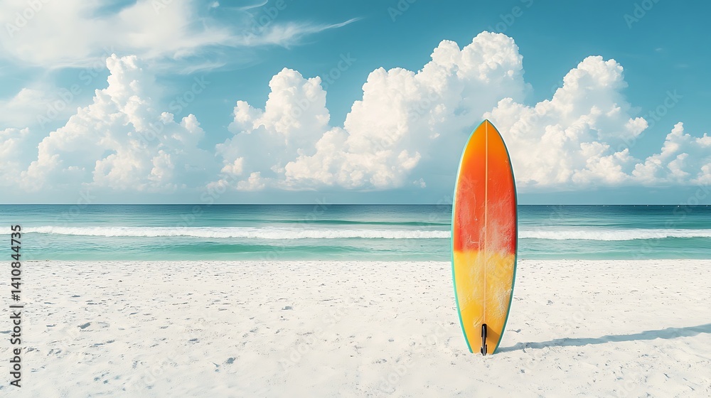 A colorful surfboard stands alone on the pristine white sand, creating the perfect beach scene for a summer getaway.