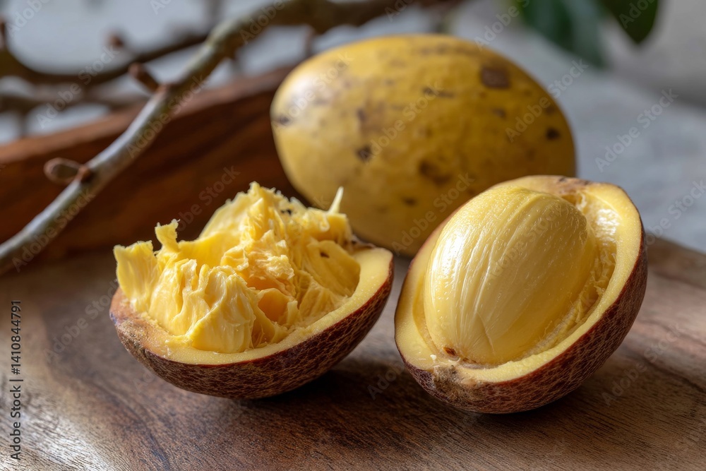 A vibrant shot of a halved pawpaw fruit showcasing the creamy interior on a wooden board. A vibrant shot of a halved pawpaw fruit showcasing the creamy interior on a wooden board.