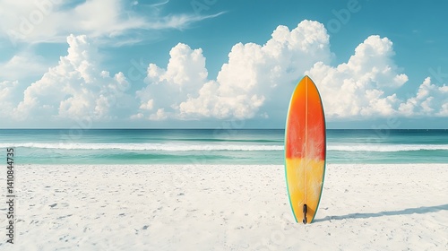 Obraz na płótnie A colorful surfboard stands alone on the pristine white sand, creating the perfect beach scene for a summer getaway. w salonie