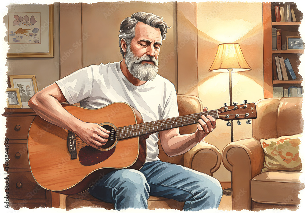 Obraz premium Elderly Man Playing Acoustic Guitar, Relaxing at Home, Creative Expression, Musical Instrument.