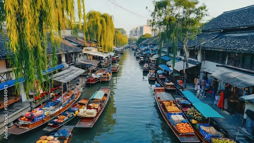 A vibrant canal scene with colorful boats selling fresh produce in a bustling market setting.