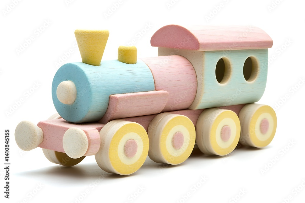 A colorful wooden toy train, isolated on a clean white background