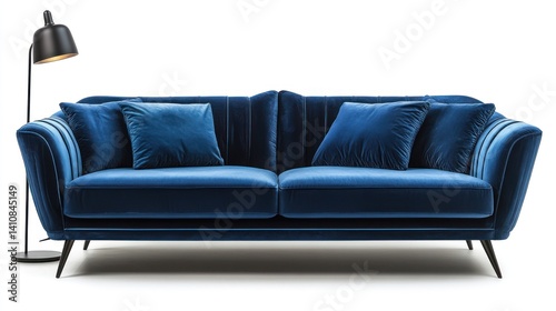 A contemporary blue sofa paired with matching pillows and a sleek lamp, all isolated on a white or white background, ideal for interior design layouts.