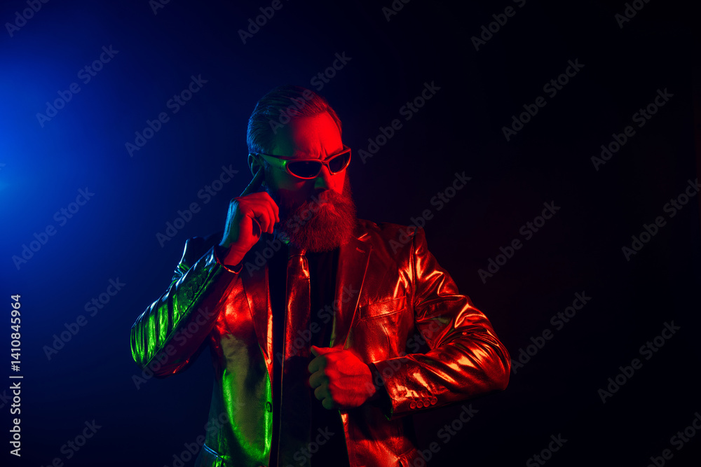 Charismatic man in shiny metallic suit adjusting sunglasses under vibrant neon lights Charismatic man in shiny metallic suit adjusting sunglasses under vibrant neon lights