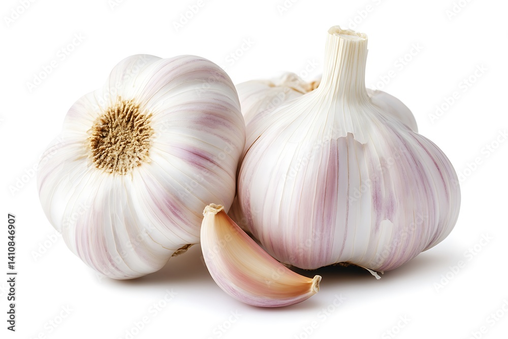 A few cloves of garlic, isolated on a white background, emphasizing their fresh and pungent appeal
