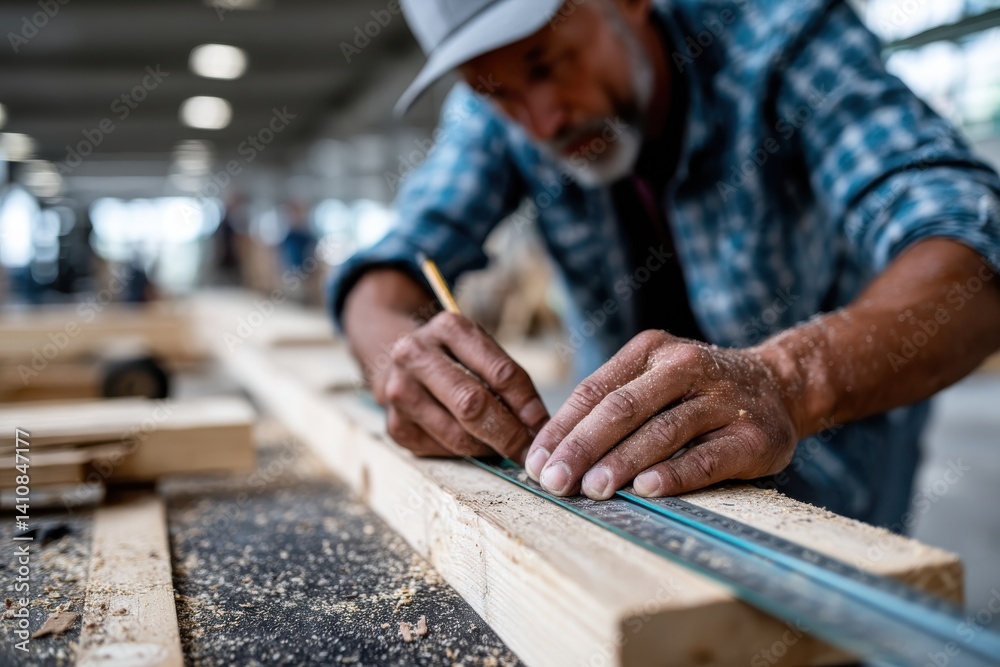 An experienced carpenter meticulously measures wood pieces on a workbench, showcasing skills and dedication to craftsmanship in a busy workshop environment filled with sawdust. An experienced carpenter meticulously measures wood pieces on a workbench, showcasing skills and dedication to craftsmanship in a busy workshop environment filled with sawdust.