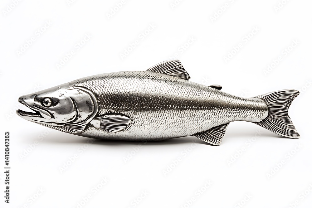 A fresh silver salmon, perfectly isolated on a white background, capturing its shiny surface and texture