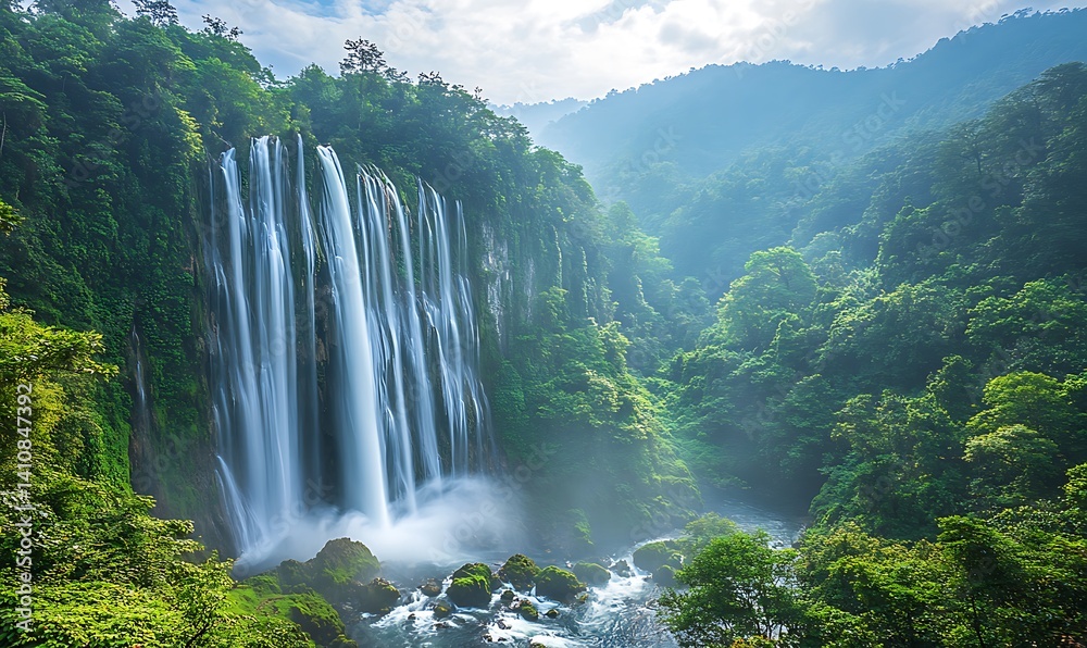Fototapeta premium Serene Waterfall Cascading Through Lush Green Tropical Forest
