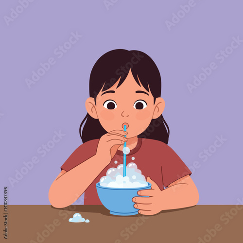 Young girl with dark hair blowing bubbles into blue bowl flat minimal style vector illustration with playful and cheerful mood at a table indoors vector art