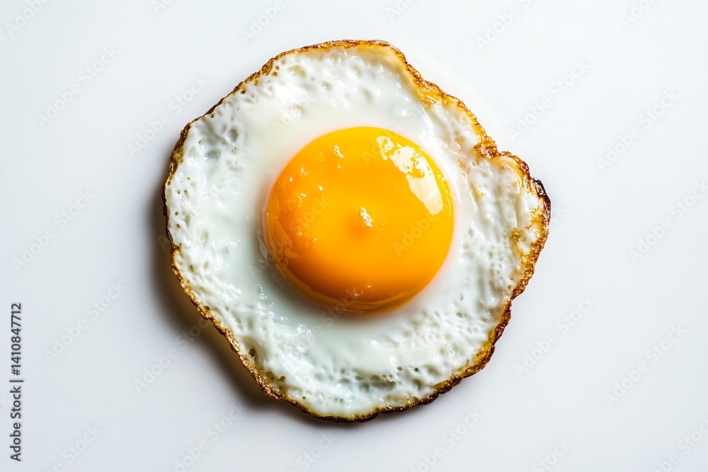 A fried egg viewed from above, isolated on a white background for a clean, culinary-focused shot