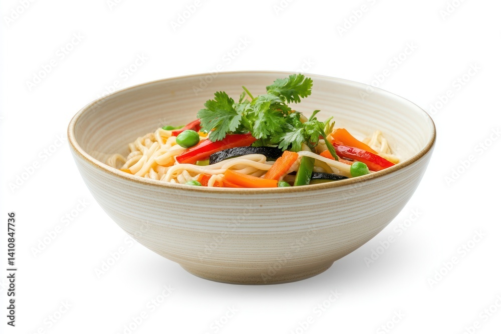 A front view of Hakka Noodles with vegetables, elegantly plated in a porcelain bowl, isolated on a white background