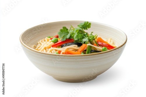 Obraz na płótnie A front view of Hakka Noodles with vegetables, elegantly plated in a porcelain bowl, isolated on a white background w salonie
