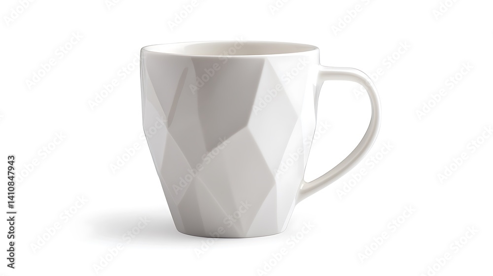 A glossy white coffee mug with a geometric design, isolated on a white background, for a high-quality product photography shot.