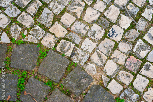 Stone pavement pattern with mixed light and dark cobblestones, subtle moss growth and natural wear, ideal for backgrounds, urban texture themes and architectural design visuals.