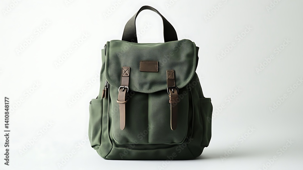 A green backpack, open and isolated on a white background, ideal for showcasing a casual product design.