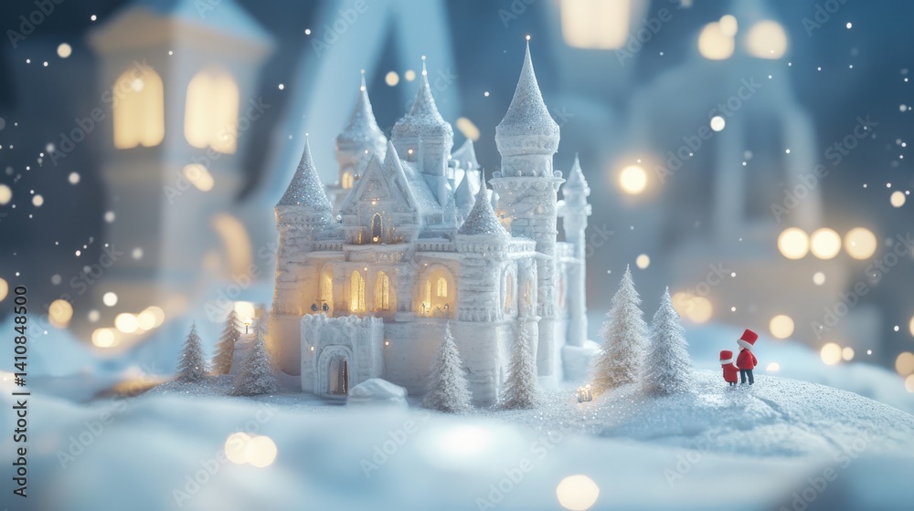 A winter wonderland castle scene with miniature figures. A winter wonderland castle scene with miniature figures.