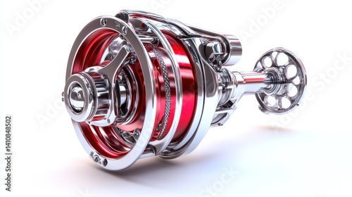 Obraz na płótnie A high-detail, chrome and red metallic fishing reel, isolated on a white background, emphasizing its intricate design and precision. w salonie